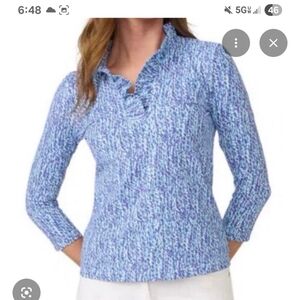 J. McLaughlin Durham Ruffle Neck Red White Blue Print Top